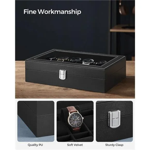 Watch Box 12-Slot Watch Case w Large Glass Lid Removable Watch Pillows Organizer - Picture 2 of 6